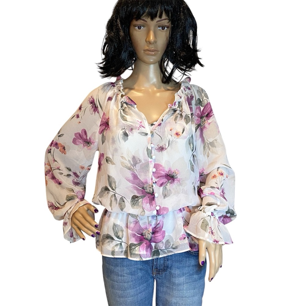 White House Black Market WHBM Semi-Sheer Peplum Floral Print Blouse Top Sz 8 EUC